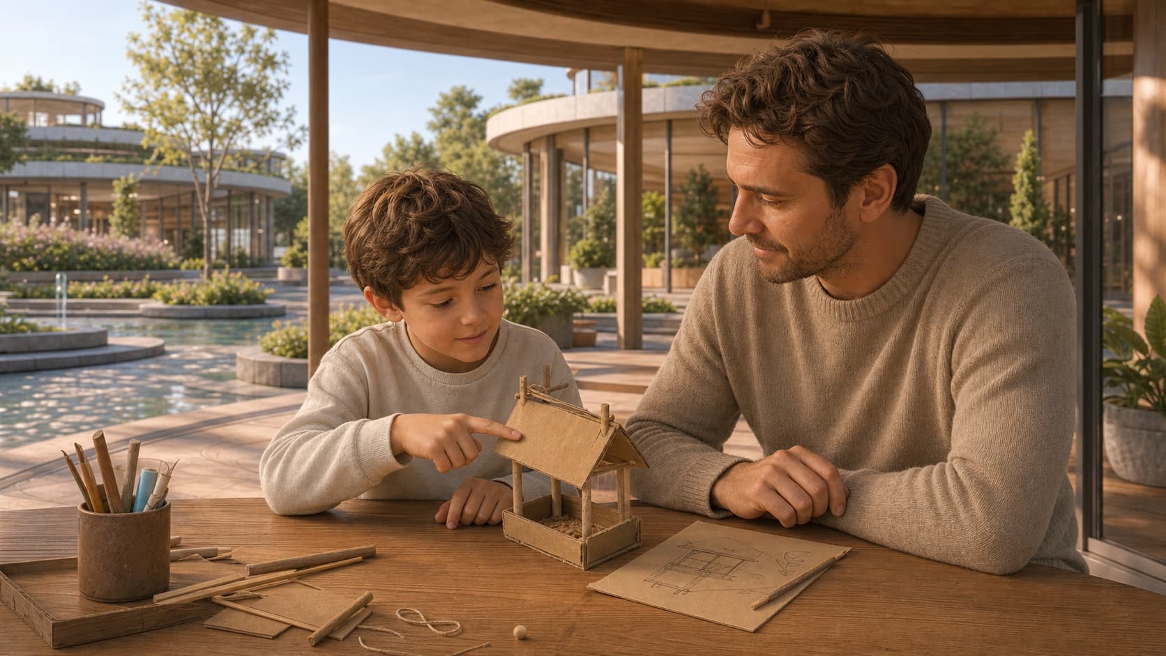 Laps näitab rahulikus MiniBossi keskkonnas puidust laua ääres lapsevanemale oma linnusöötja prototüüpi