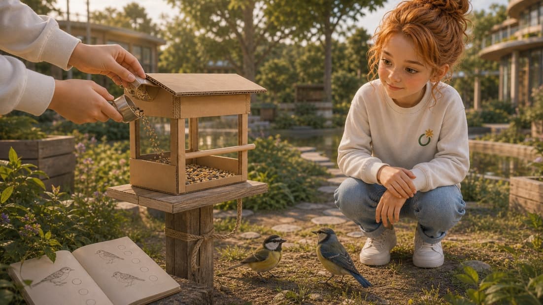 Laps kontrollib koos Emiliaga, kuidas söögimaja linde aitab